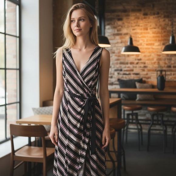 White House Black Market Dresses & Skirts - White House Black Market Striped Maxi Dress Black and Pink Size Large EUC